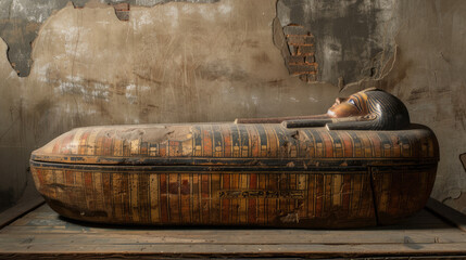 Ancient Egyptian sarcophagus in tomb, old stone grungy room in Egypt. Theme of pharaoh, king,...
