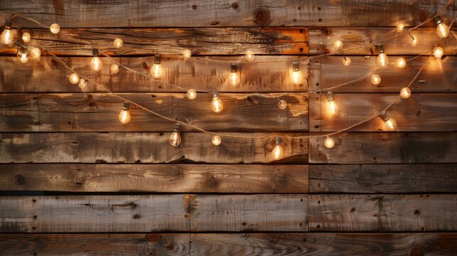 Cozy ambiance with glowing string lights draped over a textured wooden backdrop, conveying warmth and rustic charm.