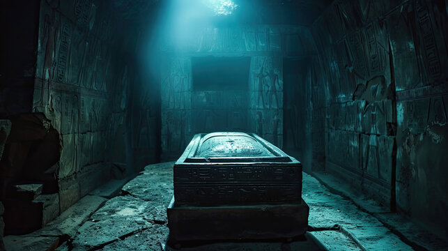 Ancient Egyptian tomb, old sarcophagus in dark stone underground room in Egypt. Theme of pharaoh, antique, history, mummy, grave