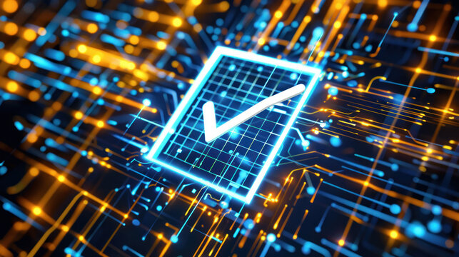 Tech savvy validation. Check mark icon on abstract technology background, signifying business approval and success in the digital realm of finance and growth