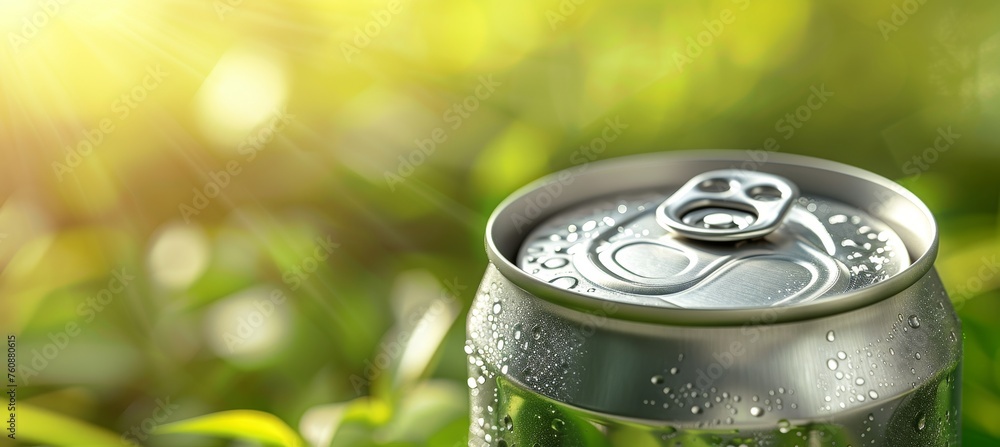 Poster aluminum soda can mockup on abstract background with copy space, ideal for branding design display.