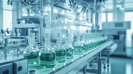 Modern production factory manufacturing cosmetics, pharmaceutical and healthcare products. Glass bottles on a conveyor line. Life sciences industry, biotechnology.