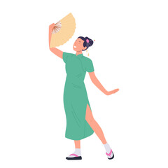 Trendy fashion young Chinese woman cartoon character wearing beautiful dress holding fan accessory