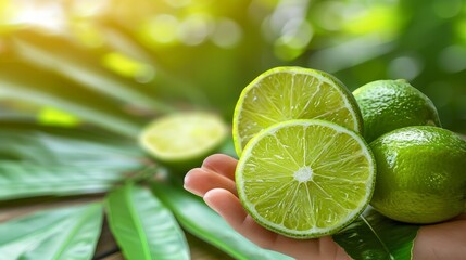 Hand holding tangy lime with lime selection on blurred background, copy space available