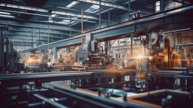 Production and assembly lines within a modern manufacturing facility. Machinery and industrial equipment. Advanced technologies in a factory.