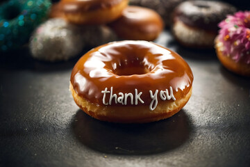  glossy chocolate-covered donut in the foreground with “thank you” written on it in white icing - obrazy, fototapety, plakaty