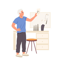 Mature man jeweler cartoon character creating gold ring with precious gem for new jewel collection