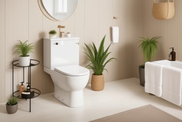 Fototapeta na wymiar Interior of stylish bathroom with houseplant and ceramic toilet bowl near beige wall