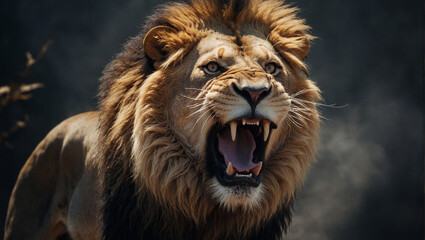 Portrait of an angry roaring male lion 