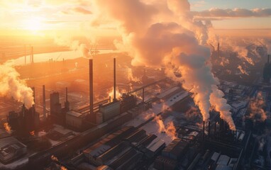 metallurgical plant smoke bad ecology top view - obrazy, fototapety, plakaty