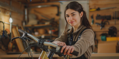 Junge Fahrradmonteurin in der Fahrradwerksatt
