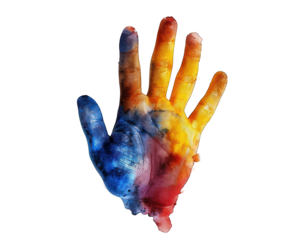 A photo of colorful hand print  watercolor isolated on white 