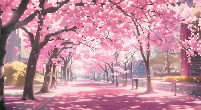 Urban Spring Delight: Blossoming Cherry Trees Painting the Urban Landscape with Pink and White Hues, Celebrating Nature's Vibrancy Amidst City Life
