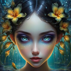 Woman adorned with irises in her hair, symbolizing beauty, nature. For fashion magazine, blog, botanical website, beauty product advertisement, inspirational, motivational poster,social media profile