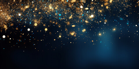 Fototapeta na wymiar Background of golden particles on blue background.