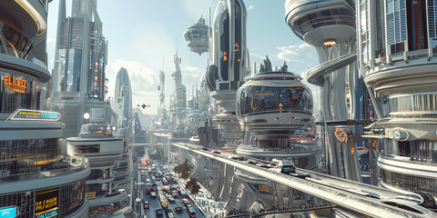 Futuristic Metropolis with Advanced Architecture and Bustling Skyways