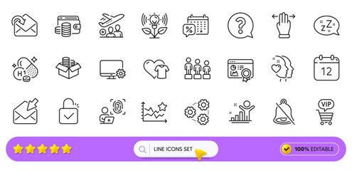 Discounts calendar, Passenger and Heart line icons for web app. Pack of Equality, Incubator, Lock pictogram icons. Annual calendar, Mute, Money box signs. Computer fingerprint, Sleep. Vector