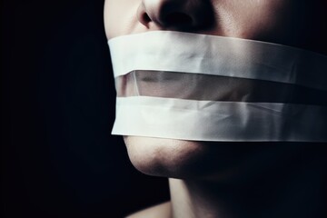 Side profile of a person's lower face covered with semi-transparent tape, creating a strong visual metaphor for silenced speech. Close-Up of Tape-Gagged Mouth in Profile