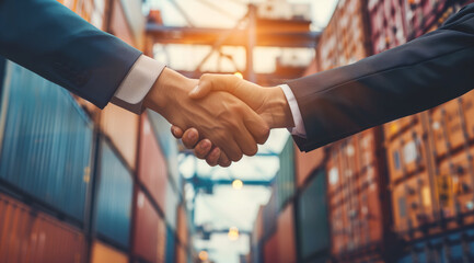 Business partners shaking hands against the background of the port, cargo dock, shipment of goods, containers - obrazy, fototapety, plakaty