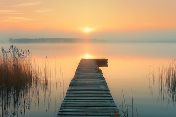 Golden hour over a serene lake with a single wooden pier Evoking feelings of peace and solitude perfect for contemplative or nature-inspired imagery - obrazy, fototapety, plakaty