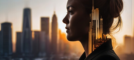 silhouetted side profile of woman gazing at golden sunset over urban cityscape - serene atmosphere amidst hustle and bustle of city life - obrazy, fototapety, plakaty