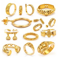 gold jewelry e products isolated on white background - obrazy, fototapety, plakaty