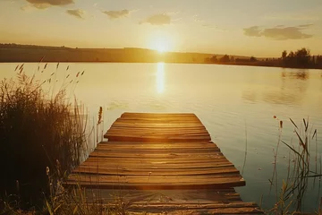 Foto op Plexiglas Golden hour over a serene lake with a single wooden pier Evoking feelings of peace and solitude perfect for contemplative or nature-inspired imagery © Lucija