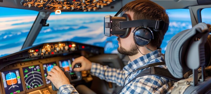 Man taking aviation exam in flight simulator with virtual reality glasses at aviation school