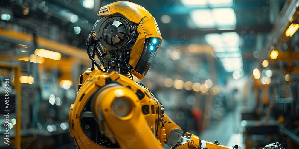 Poster workers in a high-tech factory utilizing a robotic arm for welding operations. concept production ef