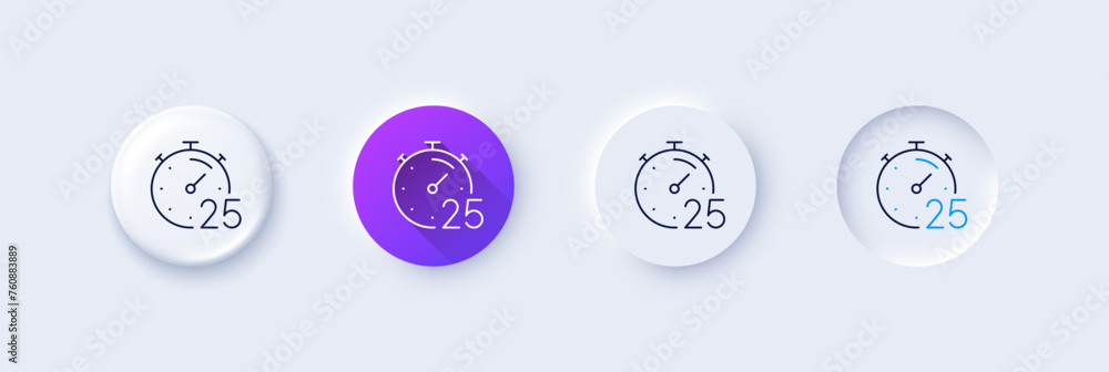 Poster timer 25 minutes line icon. neumorphic, purple gradient, 3d pin buttons. stopwatch time sign. countd