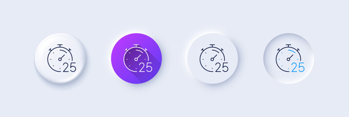 Timer 25 minutes line icon. Neumorphic, Purple gradient, 3d pin buttons. Stopwatch time sign. Countdown clock symbol. Line icons. Neumorphic buttons with outline signs. Vector - obrazy, fototapety, plakaty