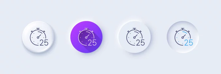 Foto op Canvas Timer 25 minutes line icon. Neumorphic, Purple gradient, 3d pin buttons. Stopwatch time sign. Countdown clock symbol. Line icons. Neumorphic buttons with outline signs. Vector © blankstock