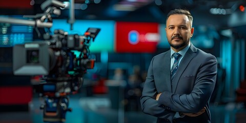 A male journalist reporting the news in a professional studio setting. Concept Journalism, News Reporting, Media Coverage, Studio Set, Male Journalist