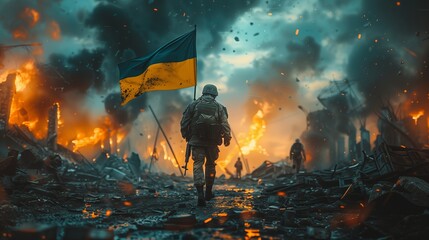 Ukrainian military man soldier with the Ukrainian flag in hands on the background of an exploded houses. Resistance to russian invasion concept. - obrazy, fototapety, plakaty