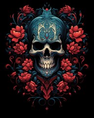 Human skull encircled by blooming roses on a black background, Concept of life and death, beauty in darkness, and gothic art
