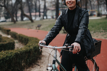 Fototapeta na wymiar Confident and attractive young woman with a stylish look enjoys a leisurely bike ride, embodying elegance and freedom.