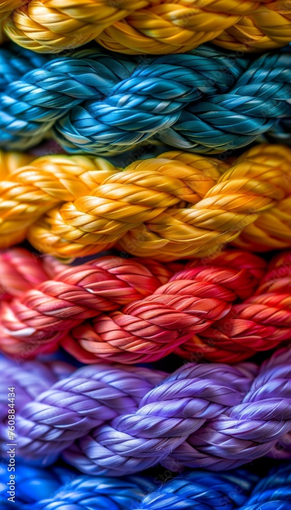 Poster strong diverse team building unity through rope partnership and communication on colorful background