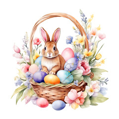 Happy Easter. Beautiful basket with colored eggs, rabbit and flowers. Traditional Easter basket. Watercolor illustration