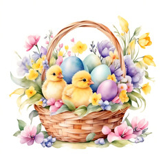 Happy Easter. Beautiful basket with colored eggs, chicks and flowers. Traditional Easter basket. Watercolor illustration