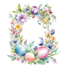 Happy Easter. Spring flowers and eggs wreath. Easter wreath. Greeting card, wedding invitation template. Round frame. Watercolor illustration isolated on white background