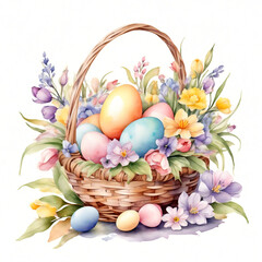 Happy Easter. Beautiful basket with colored eggs and flowers. Traditional Easter basket. Watercolor illustration
