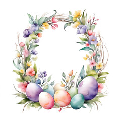 Happy Easter. Spring flowers and eggs wreath. Easter wreath. Greeting card, wedding invitation template. Round frame. Watercolor illustration isolated on white background