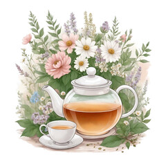 Herbal tea with herbs and plants: chamomile, peppermint, rose hip, echinacea. Healthy food, bio, organic, natural product, herbal tea. Watercolor illustration isolated on white background