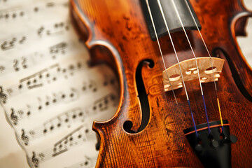 Beautiful violin on sheet music - obrazy, fototapety, plakaty