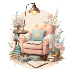 Watercolor illustration of a cozy corner in a living room with an armchair and a bookcase in natural colors.