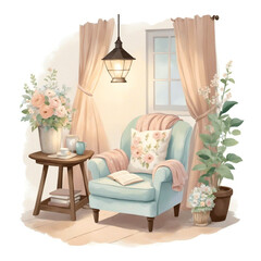 Watercolor illustration of a cozy corner in a living room with an armchair and a bookcase in natural colors.