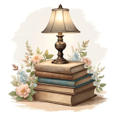 Watercolor illustration of stack of books and lamp for studying. Graphic print concept of reading, knowledge and education. Cozy floral illustration.