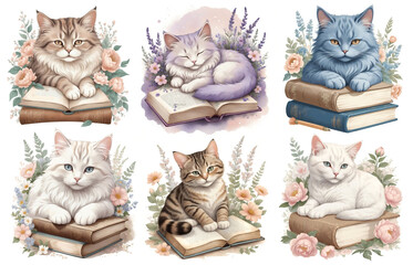 Cute cat on book stack surrounded with flowers. Watercolor illustration set. Isolated on white background