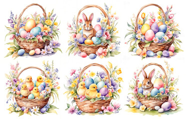 Happy Easter. Beautiful basket with colored eggs, rabbit and flowers. Traditional Easter basket. Watercolor illustration