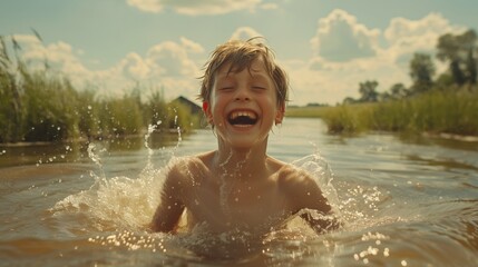 Joyful Child Playing and Splashing in River Water